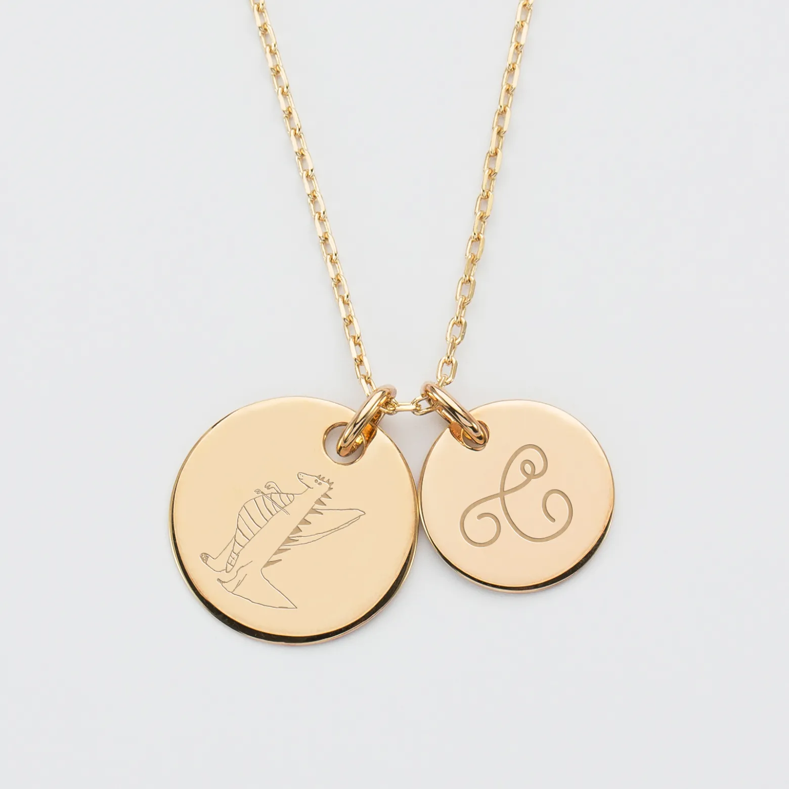 Pendentif personnalisé 2 médailles gravées plaqué or 19 mm et 15 mm