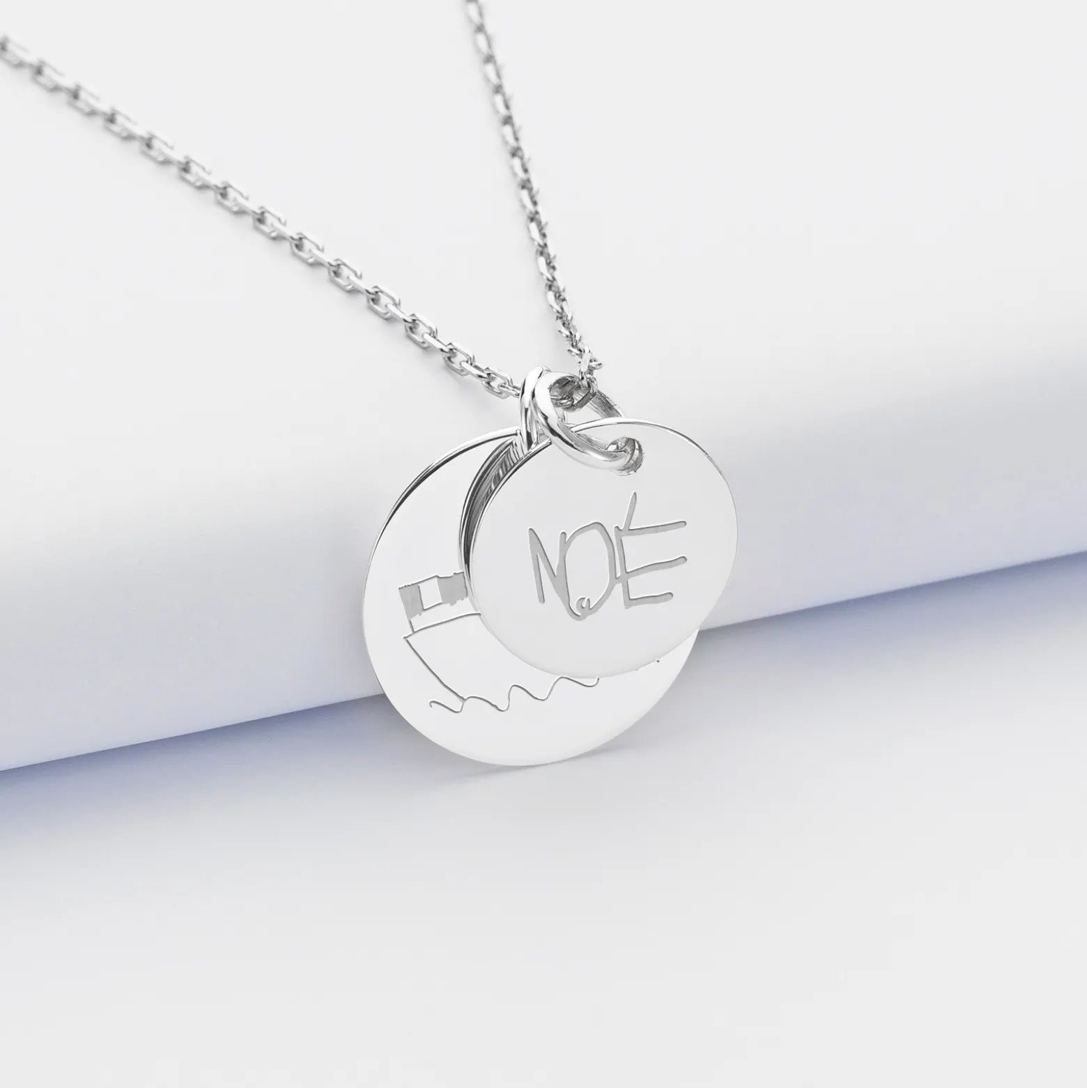 Pendentif personnalisé 2 médailles gravées argent 19 mm et 15 mm