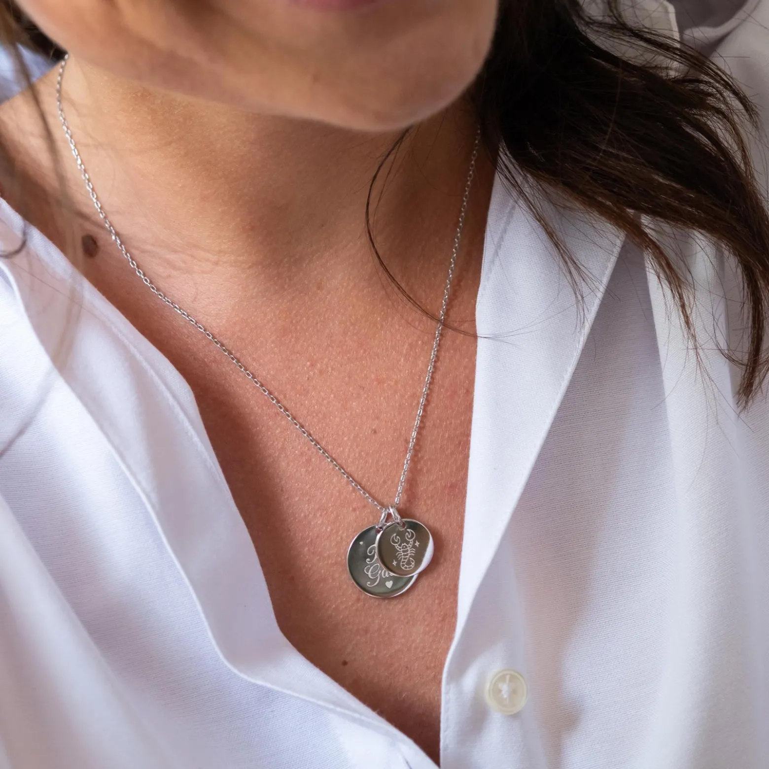 Pendentif personnalisé 2 médailles gravées argent 19 mm et 15 mm