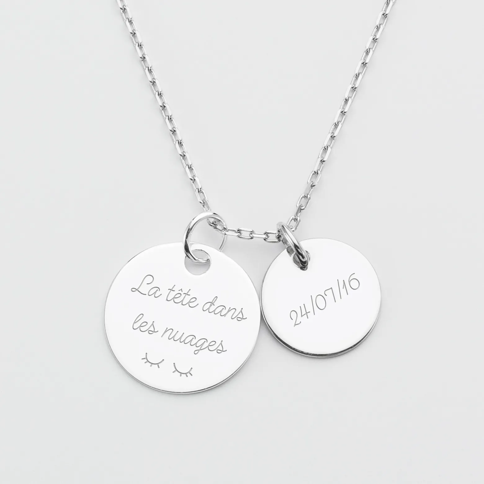 Pendentif personnalisé 2 médailles gravées argent 19 mm et 15 mm