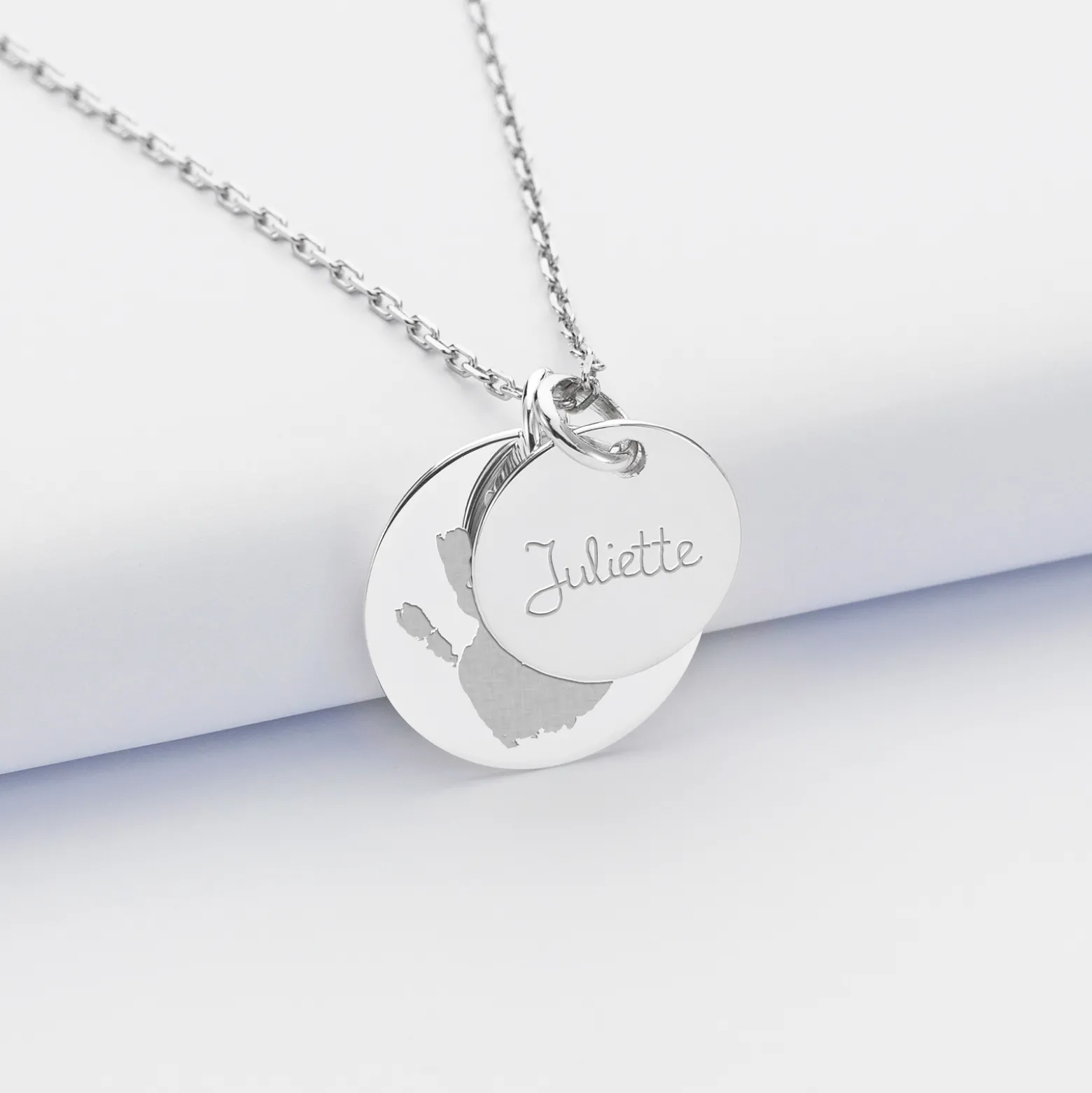 Pendentif personnalisé 2 médailles gravées argent 19 mm et 15 mm