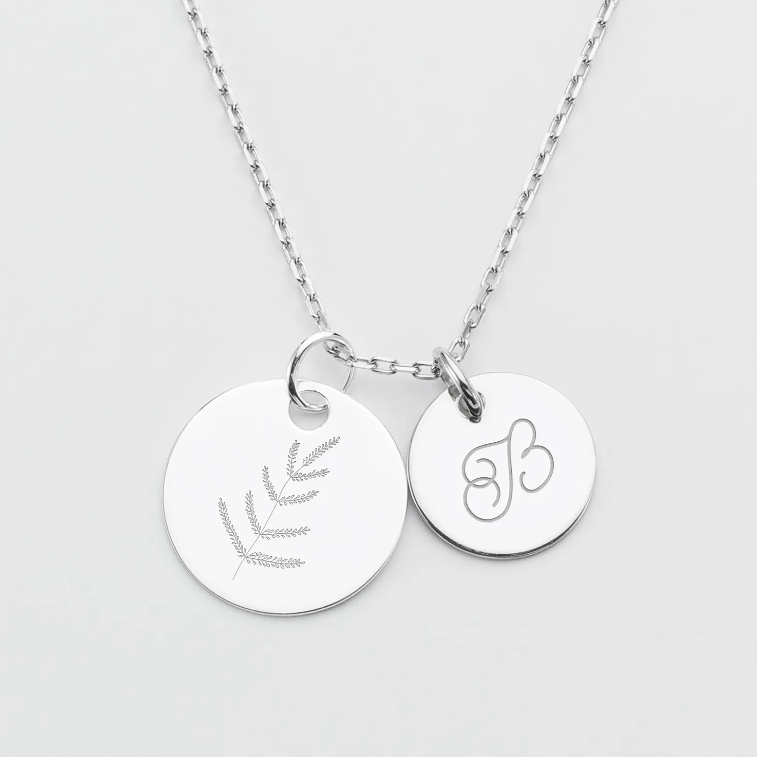 Pendentif personnalisé 2 médailles gravées argent 19 mm et 15 mm