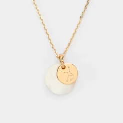 Pendentif personnalisé breloque nacre 15 mm et médaille gravée plaqué or 10 mm