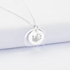 Pendentif personnalisé double médailles gravées argent 15 mm et acrylique 