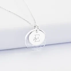 Pendentif personnalisé double médailles gravées argent 15 mm et acrylique 