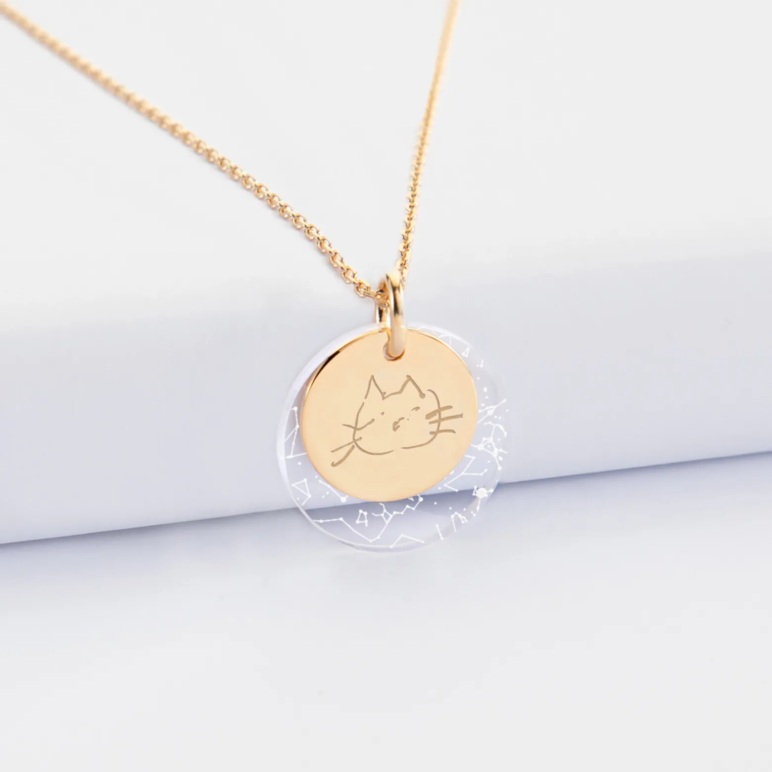 Pendentif personnalisé double médailles gravées plaqué or 15 mm et acrylique "Carte du ciel étoilé" 20 mm