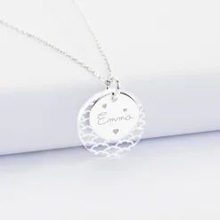 Pendentif personnalisé double médailles gravées argent 15 mm et acrylique 20 mm
