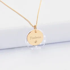 Pendentif personnalisé double médailles gravées plaqué or 15 mm et acrylique 20 mm