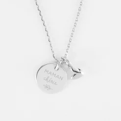 Pendentif personnalisé médaille gravée argent 15 mm et breloque petit coeur bombé 7 mm - HappyBulle x Atelier Wagram