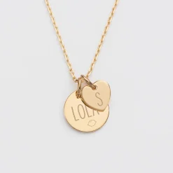 Pendentif personnalisé médaille gravée plaqué or 15 mm et breloque coeur 10 mm