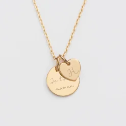 Pendentif personnalisé médaille gravée plaqué or 15 mm et breloque coeur 10 mm