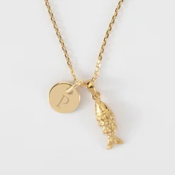 Pendentif personnalisé médaille gravée plaqué or 10 mm et breloque poisson articulé 15 mm