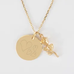Pendentif personnalisé médaille gravée plaqué or 19 mm et breloque rose 19 mm