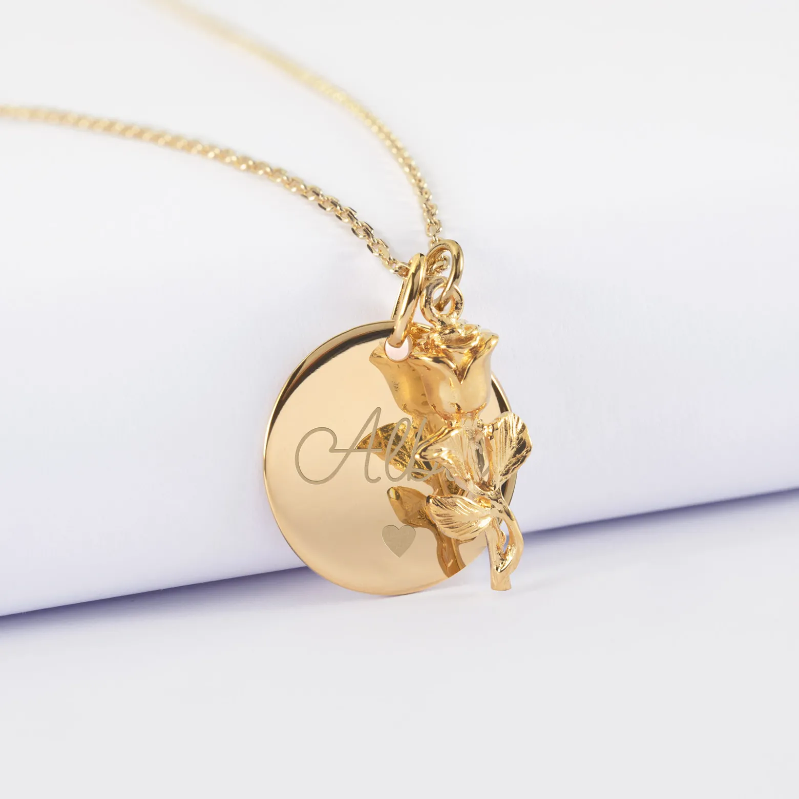 Pendentif personnalisé médaille gravée plaqué or 19 mm et breloque rose 19 mm