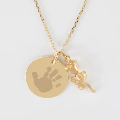 Pendentif personnalisé médaille gravée plaqué or 19 mm et breloque rose 19 mm