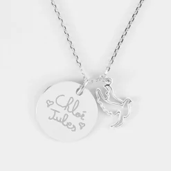 Pendentif personnalisé médaille gravée argent 19 mm et breloque colombe 18 mm
