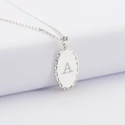 Pendentif personnalisé médaille vintage ovale dentelée gravée argent 20x13 mm