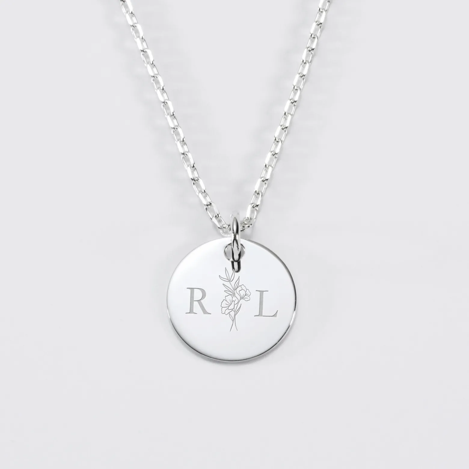 Pendentif personnalisé médaille gravée argent 15 mm - Edition spéciale mariage Initiales Florales