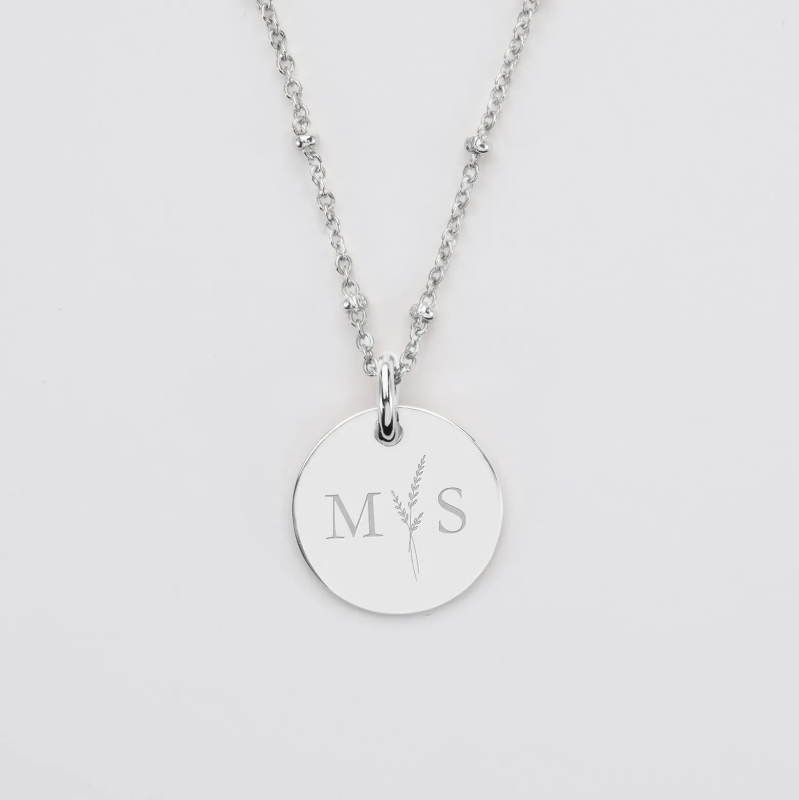 Pendentif personnalisé médaille gravée argent 15 mm - Edition spéciale mariage Initiales Florales