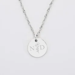 Pendentif personnalisé médaille gravée argent 15 mm - Edition spéciale mariage Initiales Florales