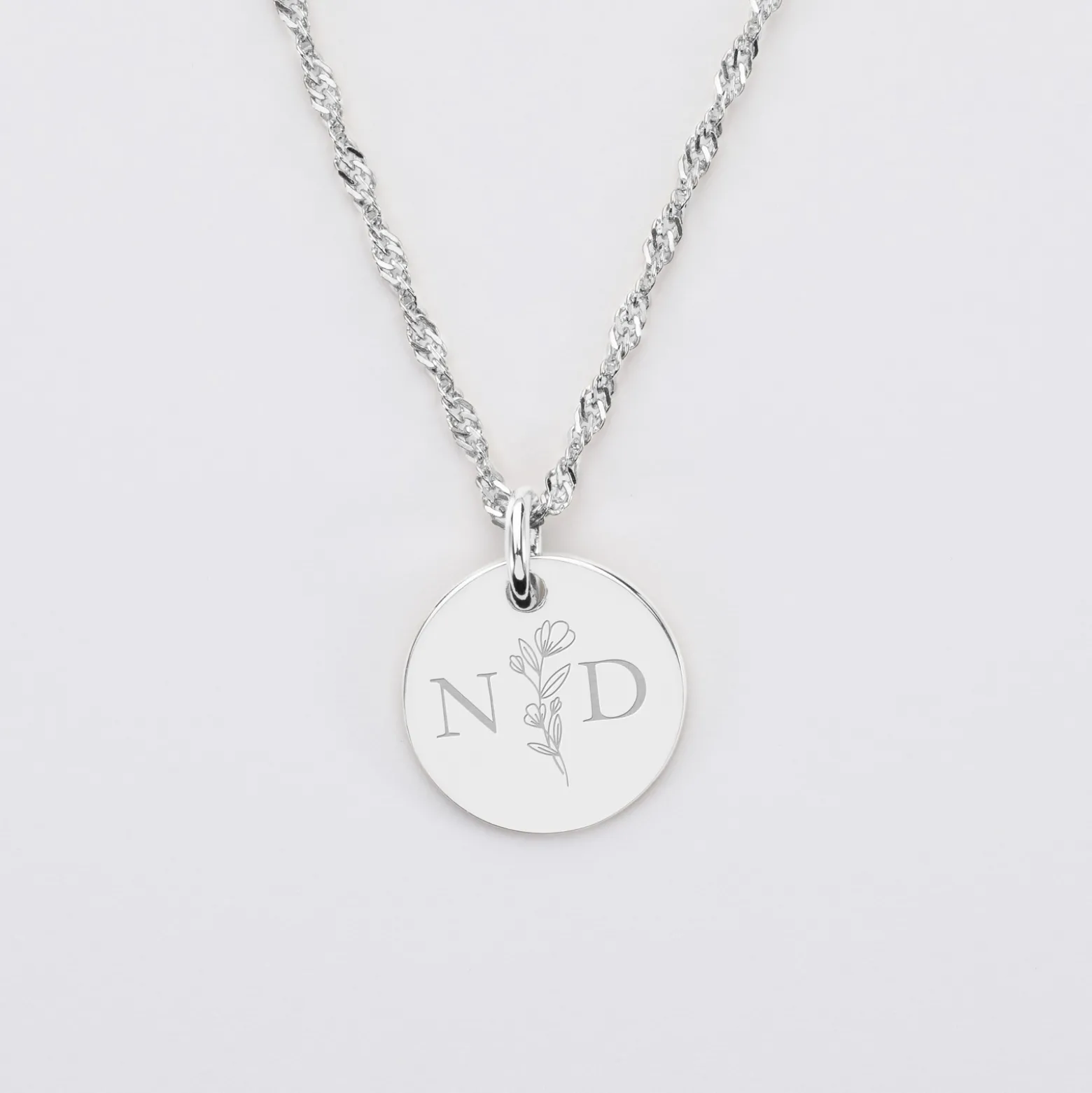 Pendentif personnalisé médaille gravée argent 15 mm - Edition spéciale mariage Initiales Florales
