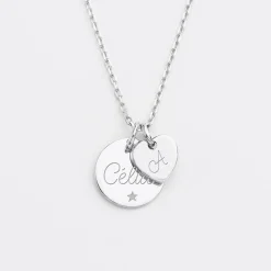 Pendentif personnalisé médaille gravée argent 15 mm et breloque coeur 10 mm