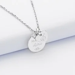 Pendentif personnalisé médaille gravée argent 15 mm et breloque coeur 10 mm