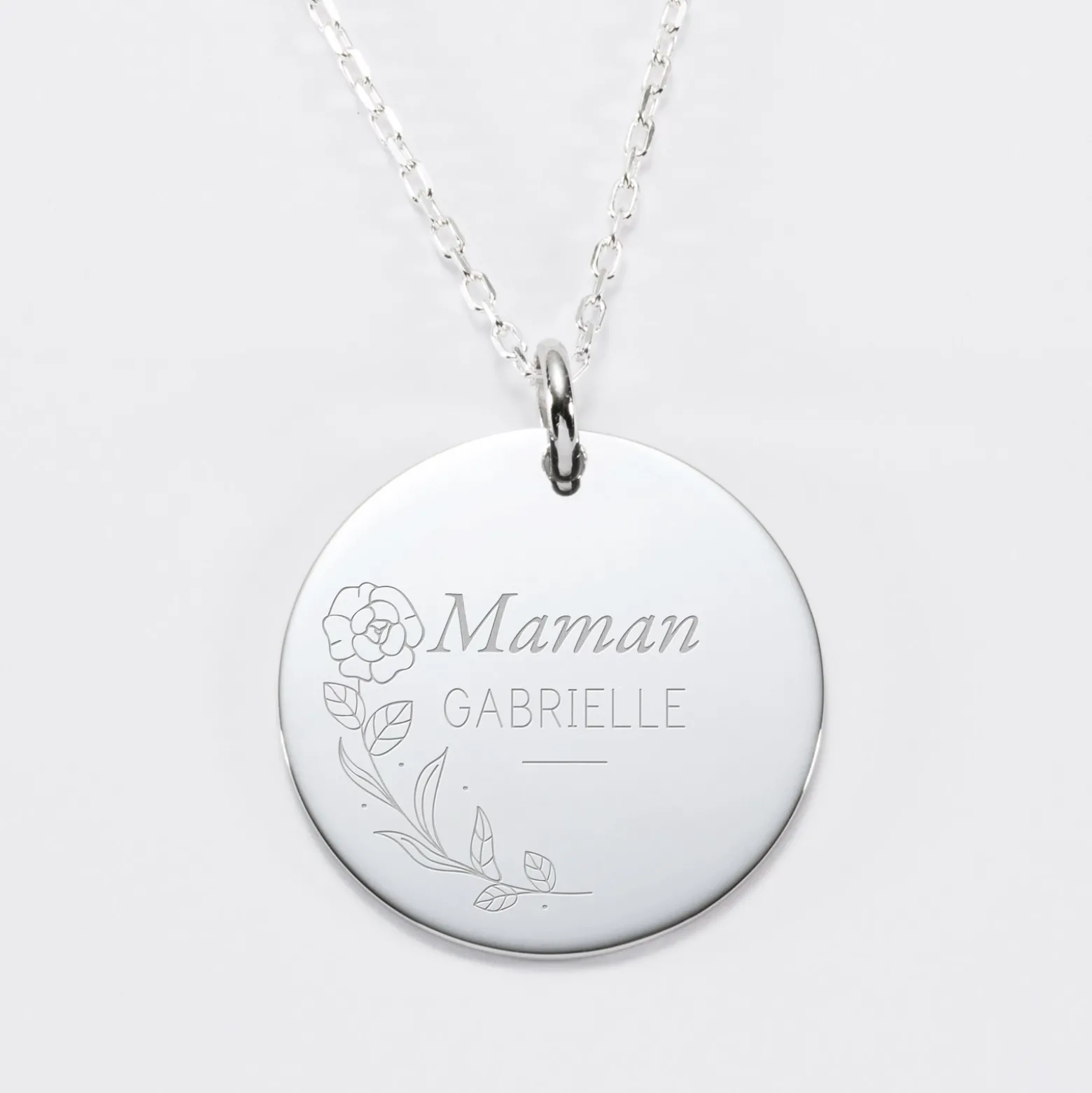 Pendentif personnalisé médaille gravée argent 27 mm - Edition spéciale Ornement floral