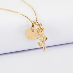 Pendentif personnalisé médaille gravée plaqué or 10 mm et breloque rose 19 mm