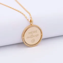 Pendentif personnalisé médaille réversible contour tressé Eternelle gravée plaqué or 18 mm