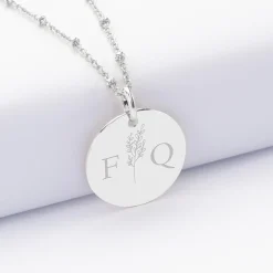Pendentif personnalisé médaille gravée argent 19 mm - Edition spéciale mariage Initiales Florales