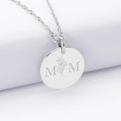 Pendentif personnalisé médaille gravée argent 19 mm - Edition spéciale mariage Initiales Florales