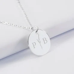 Pendentif personnalisé médaille gravée argent 19 mm - Edition spéciale mariage Initiales Florales