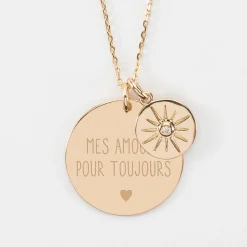 Pendentif personnalisé médaille gravée plaqué or 27 mm et breloque soleil scintillant 14 mm