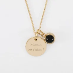 Pendentif personnalisé médaille gravée plaqué or 15 mm et breloque pierre naturelle 8 mm