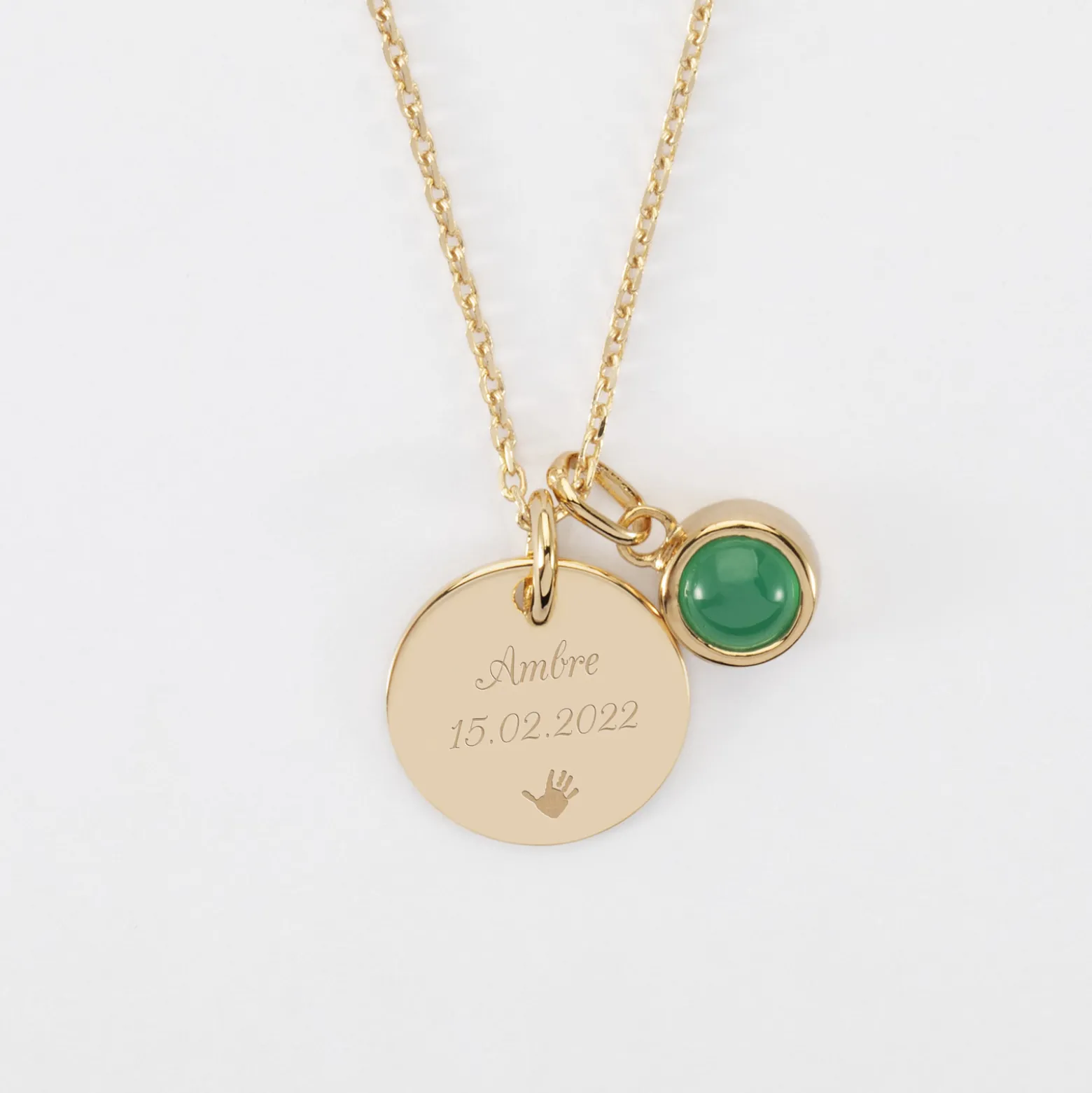 Pendentif personnalisé médaille gravée plaqué or 15 mm et breloque pierre naturelle 8 mm
