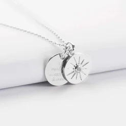 Pendentif personnalisé médaille gravée argent 15 mm et breloque soleil scintillant 14 mm