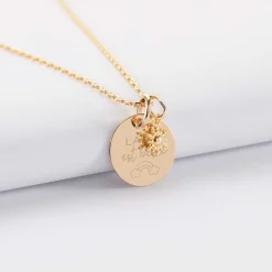 Pendentif personnalisé médaille gravée plaqué or 15 mm et breloque étoile brillante 6 mm