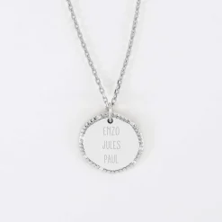Pendentif personnalisé médaille contour scintillant gravée argent 16 mm