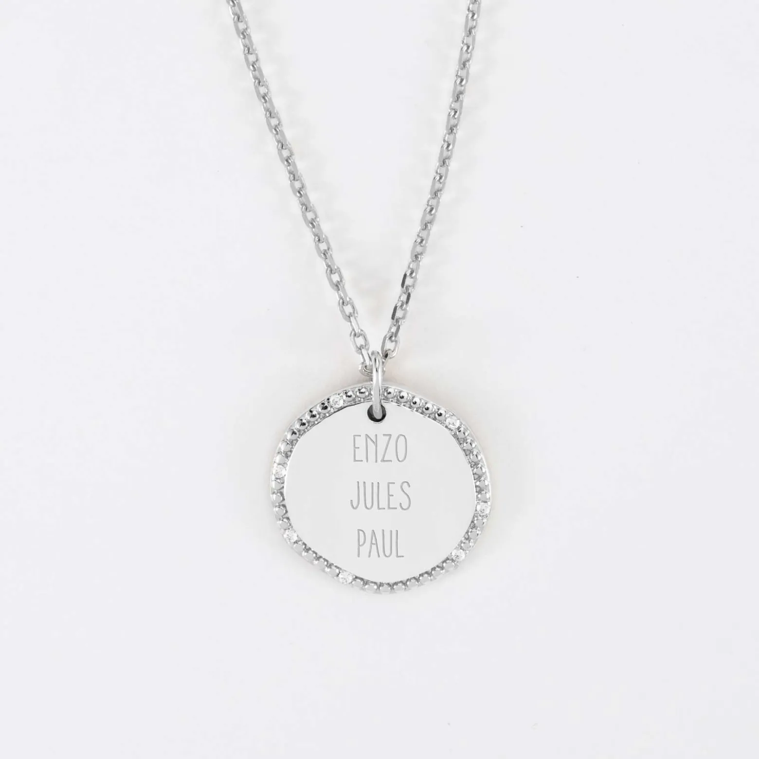 Pendentif personnalisé médaille contour scintillant gravée argent 16 mm