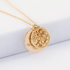 Pendentif personnalisé médaille gravée plaqué or 19 mm et breloque arbre de vie contour torsadé 16 mm