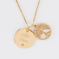 Pendentif personnalisé médaille gravée plaqué or 19 mm et breloque arbre de vie contour torsadé 16 mm