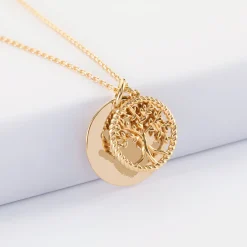 Pendentif personnalisé médaille gravée plaqué or 19 mm et breloque arbre de vie contour torsadé 16 mm