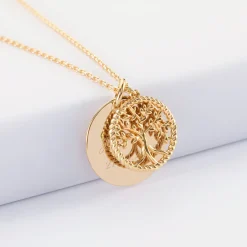 Pendentif personnalisé médaille gravée plaqué or 19 mm et breloque arbre de vie contour torsadé 16 mm