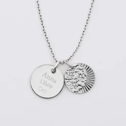 Pendentif personnalisé médaille gravée argent 15 mm et breloque Lune trio zircons 14 mm