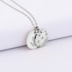 Pendentif personnalisé médaille gravée argent 15 mm et breloque Lune trio zircons 14 mm