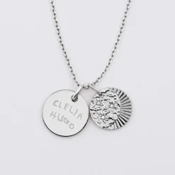 Pendentif personnalisé médaille gravée argent 15 mm et breloque Lune trio zircons 14 mm