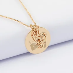Pendentif personnalisé médaille gravée plaqué or 19 mm et breloque colombe 18 mm