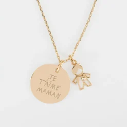 Pendentif personnalisé médaille gravée plaqué or 19 mm et breloque petit garçon zircon 12 mm