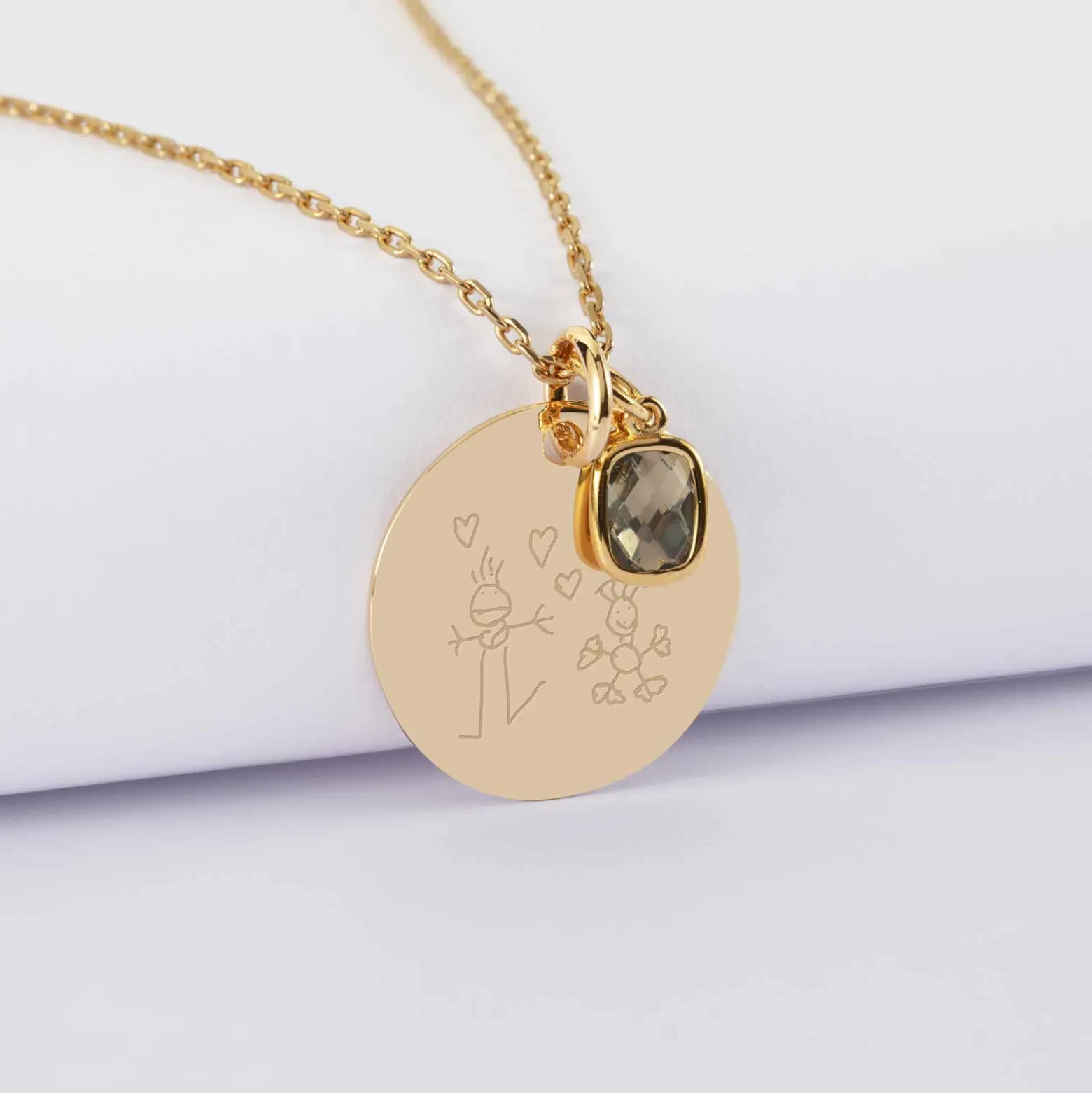 Pendentif personnalisé médaille gravée plaqué or 19 mm et breloque rectangle zircon plaqué or 9 mm